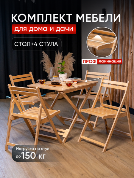 Комплект складной садовой мебели 5 предметов: Стол и 4 Стула, в прозрачной ламинации